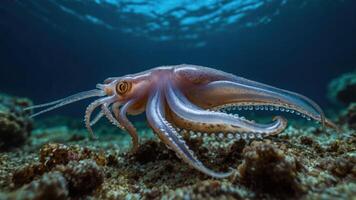 An octopus gracefully glides over a coral reef in clear ocean waters. photo