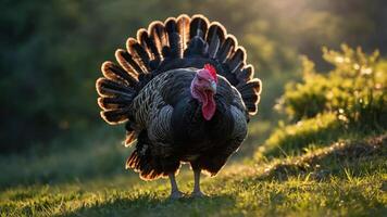 A turkey displaying its feathers in a natural setting during sunset. photo