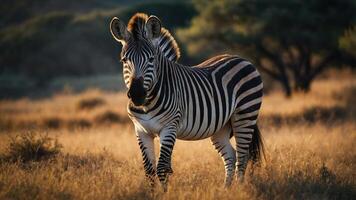 A zebra stands gracefully in a golden grassland, illuminated by soft sunlight. photo
