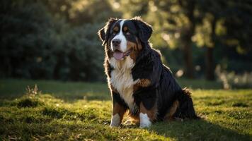A Bernese Mountain Dog sitting in a sunlit grassy area with trees in the background. photo