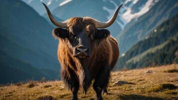 A close-up of a Highland cow in a mountainous landscape, showcasing its distinctive features. photo