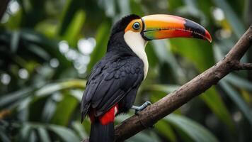 A vibrant toucan perched on a branch amidst lush greenery. photo