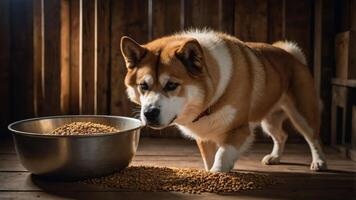 A dog curiously approaches a bowl of food, with scattered kibble on the floor. photo