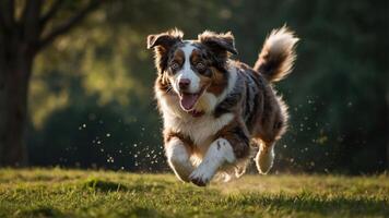 A joyful dog running through a grassy field, capturing a moment of playfulness and freedom. photo