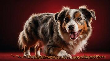 A playful dog with a happy expression, surrounded by dog food on a red background. photo