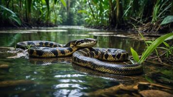 A snake rests in a tranquil river surrounded by lush greenery in a tropical setting. photo