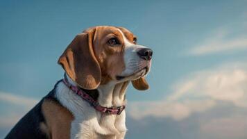 A close-up of a beagle dog looking thoughtfully against a blue sky backdrop. photo