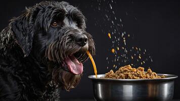 A dog eating from a bowl with food splashing around. photo