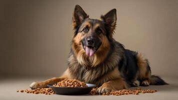 A dog lying beside a bowl of pet food with kibble scattered around. photo