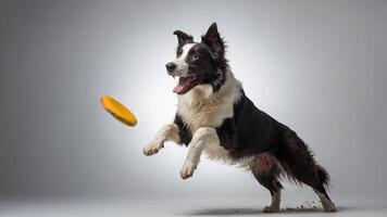 A dog joyfully leaps to catch a flying frisbee in a dynamic action shot. photo