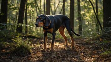 A dog standing in a sunlit forest, surrounded by trees and fallen leaves. photo