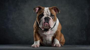 A seated bulldog with a serious expression against a dark background. photo