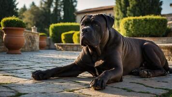 A large dog rests on a stone pathway surrounded by greenery in a serene outdoor setting. photo