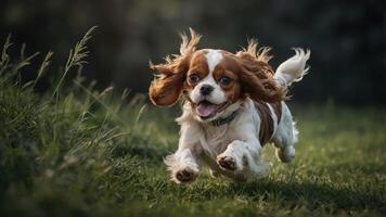 A joyful dog running through grass, showcasing energy and playfulness. photo