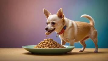 A small dog eating from a plate of kibble on a colorful background. photo