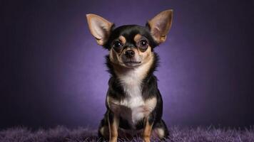 A small Chihuahua dog poses against a purple background, showcasing its features. photo