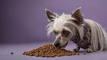A small dog eagerly eating from a pile of kibble on a purple background. photo