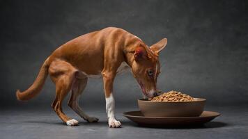 A dog eating from a bowl of kibble on a dark background. photo