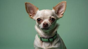 A close-up portrait of a Chihuahua with large ears against a green background. photo