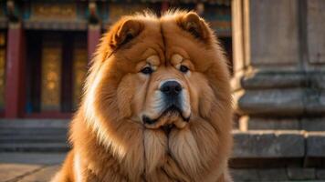 A close-up of a fluffy Chow Chow dog with a majestic expression in a historical setting. photo