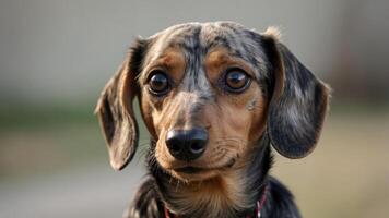 A close-up of a curious dog with a unique coat pattern. photo