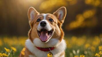 A happy corgi sitting in a field of yellow flowers, enjoying a sunny day. photo