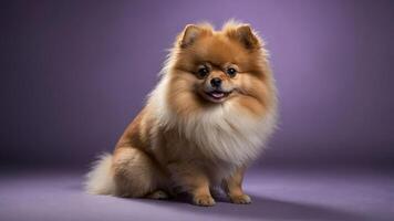 A fluffy Pomeranian dog poses against a purple background, showcasing its playful demeanor. photo