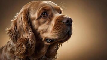 A close-up portrait of a golden dog with a soft brown background. photo