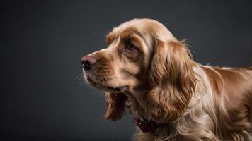 A close-up profile of a golden Cocker Spaniel against a dark background. photo