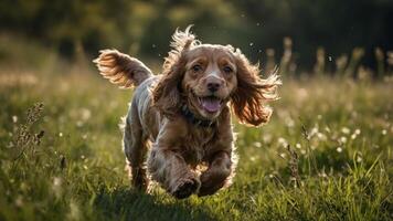 A joyful dog running through a grassy field, capturing a moment of playfulness and freedom. photo