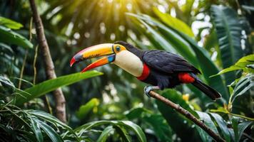 A vibrant toucan perched on a branch amidst lush tropical foliage. photo