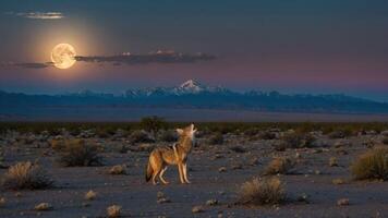 A coyote gazes at a full moon over a desert landscape with mountains in the background. photo
