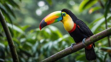 A colorful toucan perched on a branch amidst lush greenery. photo