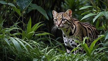 A close-up of an ocelot in a lush green environment, showcasing its striking fur patterns. photo