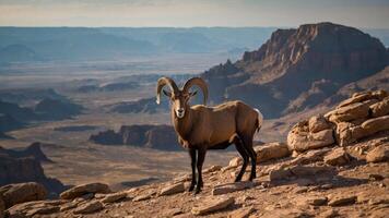 A majestic ram stands on rocky terrain with a vast landscape in the background. photo