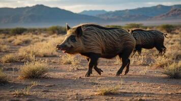 Two wild boars running through a desert landscape with mountains in the background. photo