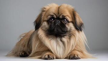 A close-up of a fluffy dog with a distinctive coat, posing against a neutral background. photo