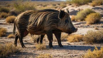 A wild boar stands in a desert landscape surrounded by sparse vegetation. photo
