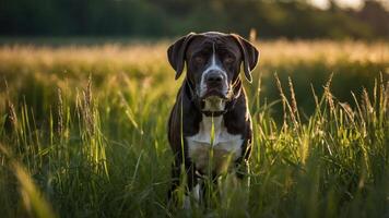 A dog standing in a sunlit grassy field, showcasing its attentive expression. photo