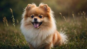 A cheerful Pomeranian dog sitting in a grassy field, showcasing its fluffy coat and playful demeanor. photo