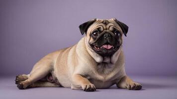 A cheerful pug lying on a purple background, showcasing its playful demeanor. photo