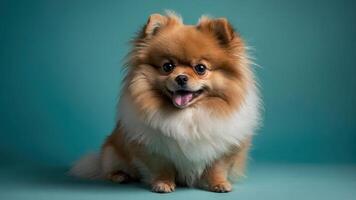 A fluffy Pomeranian dog sitting against a teal background, showcasing its playful expression. photo