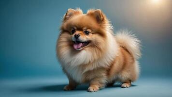 A fluffy Pomeranian dog stands happily against a blue background, showcasing its playful nature. photo