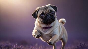 A playful pug leaps joyfully through a field of lavender flowers, capturing a moment of happiness. photo