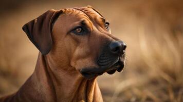 A close-up of a dog with a thoughtful expression against a blurred natural background. photo