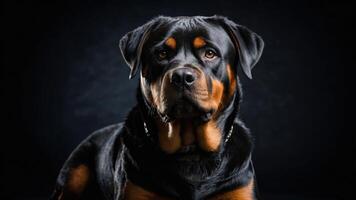 A close-up portrait of a Rottweiler against a dark background, showcasing its expressive features. photo
