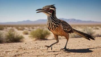 A roadrunner bird running across a desert landscape under a clear blue sky. photo