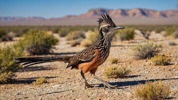 A roadrunner bird walking through a desert landscape with mountains in the background. photo