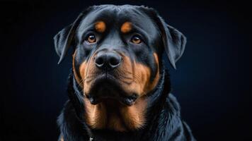A close-up portrait of a Rottweiler against a dark background, showcasing its features and expression. photo
