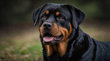 A close-up portrait of a Rottweiler showcasing its expressive features and coat. photo